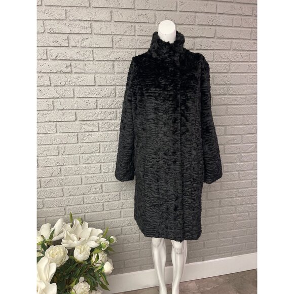 Adrienne Landau Women Front Zip Black Faux Fur Longline Coat with Pockets Size M - Picture 2 of 15